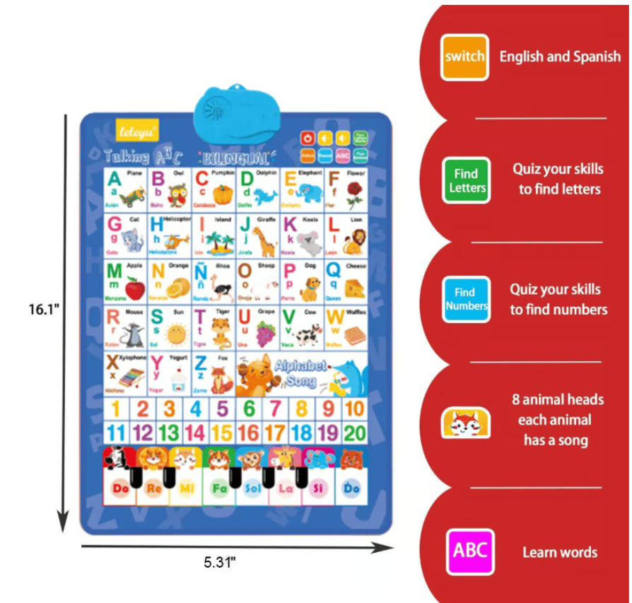๐2025 New Talking Wall Chart for Kids โ English & Spanish Learning Poster with Songs, ABCs, Numbers, Animal words & Piano