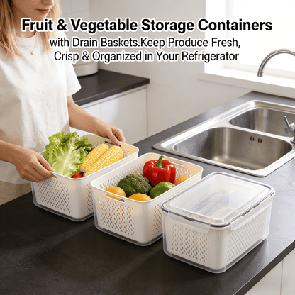 🥬 Fruit & Vegetable Storage Containers with Drain Baskets