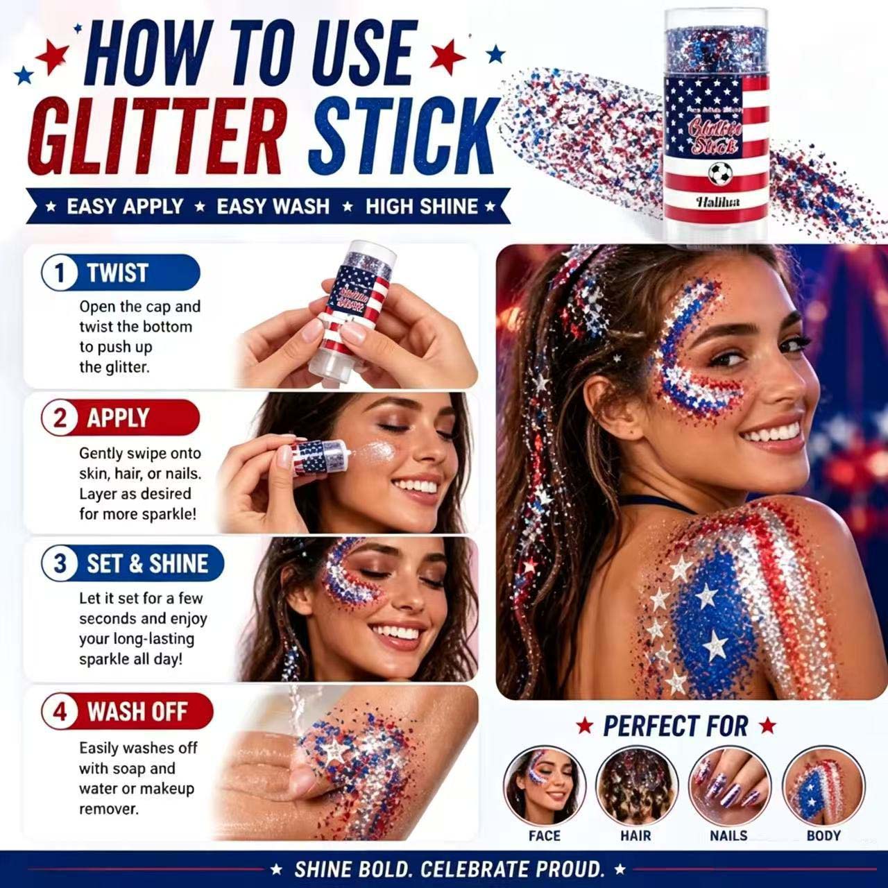 ✨🇺🇸 Patriotic Glitter Stick For July 4th,🎇  Waterproof  Glitter Body Stick